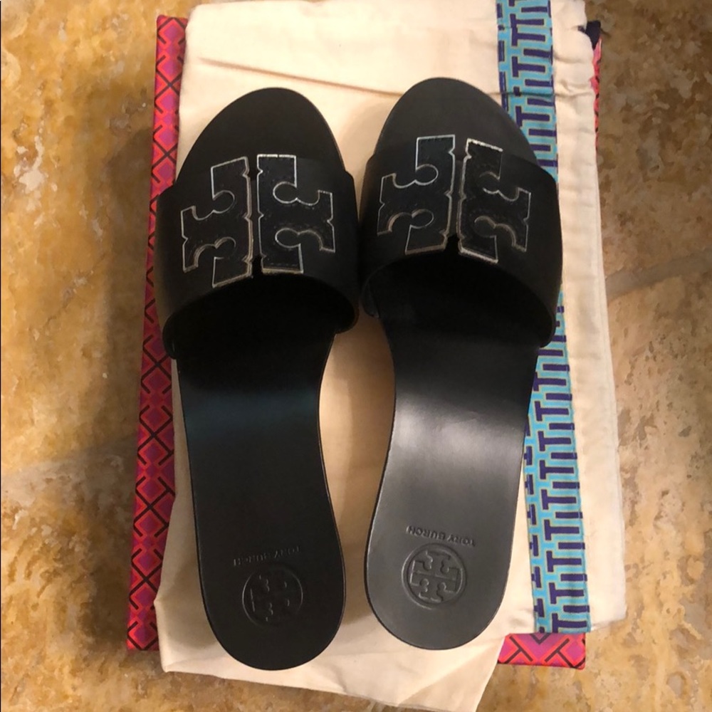 Brand New Tory Burch black and silver wedges. 7.5